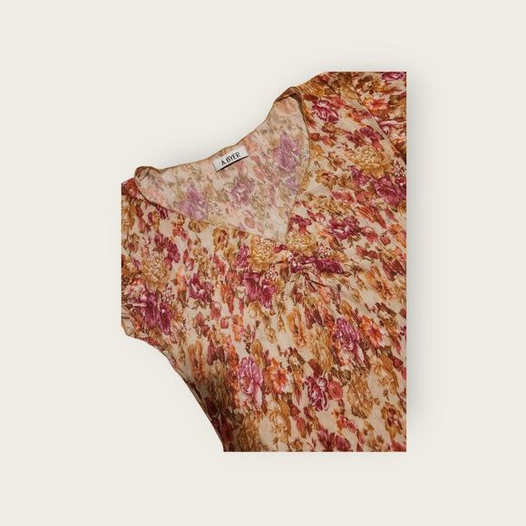 Vintage Y2k A. Byer orange floral print slightly sheer flutter sleeve shirt - Picture 3 of 4